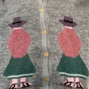 Handmade Gray Sweater with Pink and Green Design,novelty print,large,cabincore